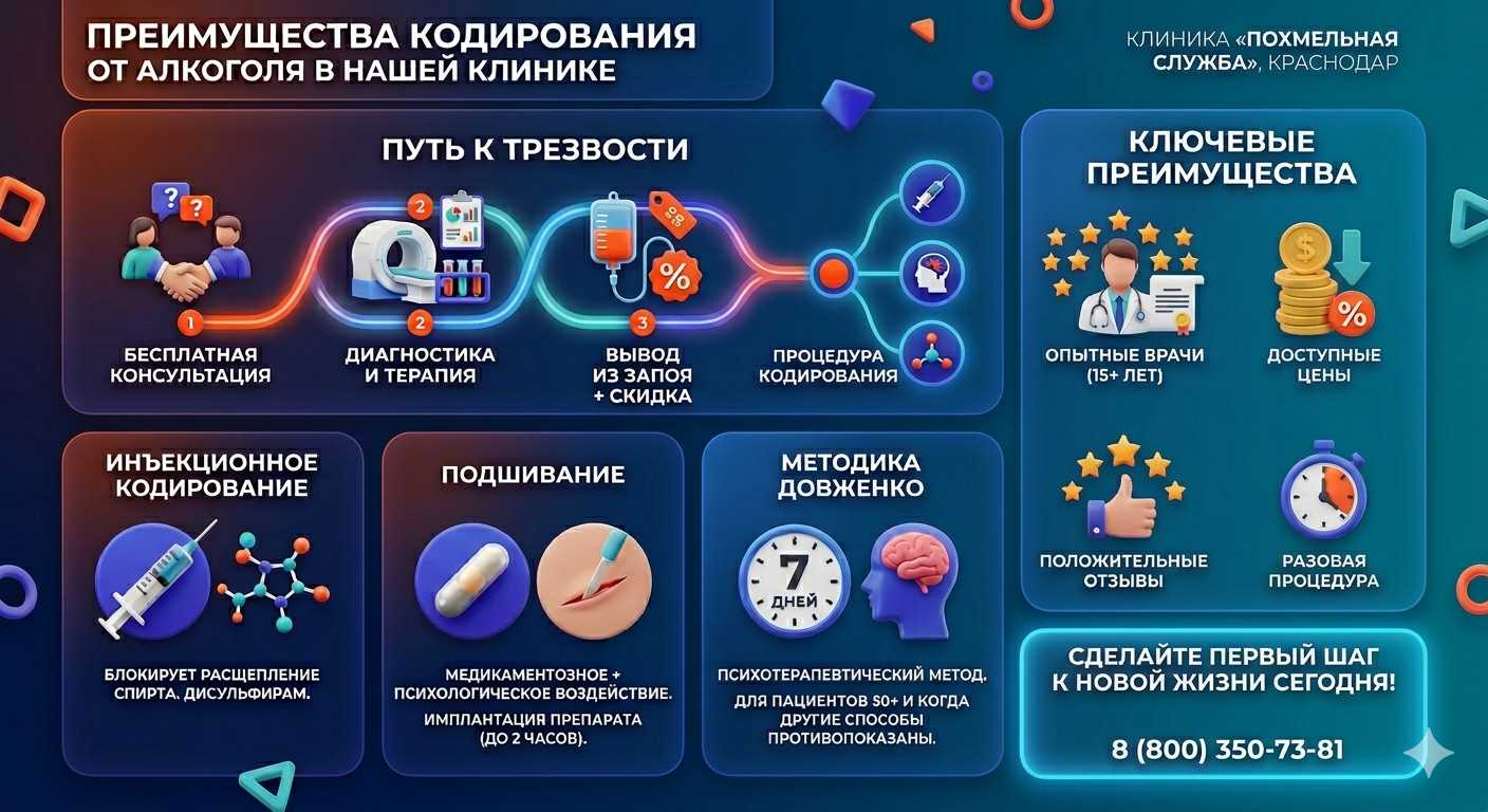 Инфографика о методах кодирования от алкоголя в Воронежской: инъекции, подшивание, метод Довженко. Преимущества клиники и этапы лечения.