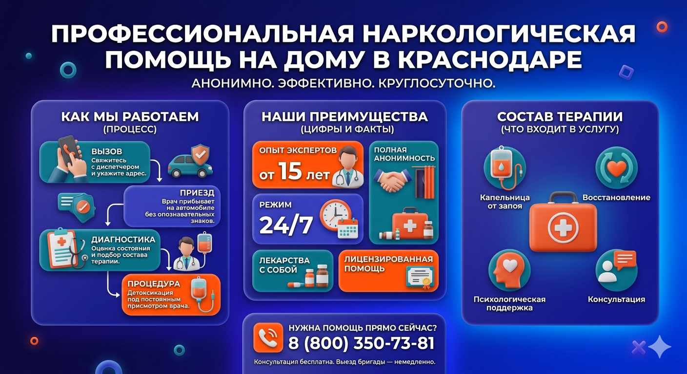 Инфографика о принципах лечения алкоголизма на дому в Воронежской: этапы вызова нарколога, преимущества анонимной детоксикации и состав медицинской помощи.